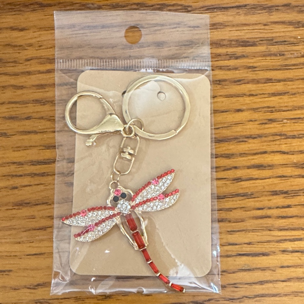 Elegant Dragonfly Keychain with Red and Gold Accents